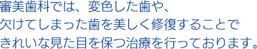 審美歯科では、変色した歯や、欠けてしまった歯を美しく修復することできれいな見た目を保つ治療を行っております。